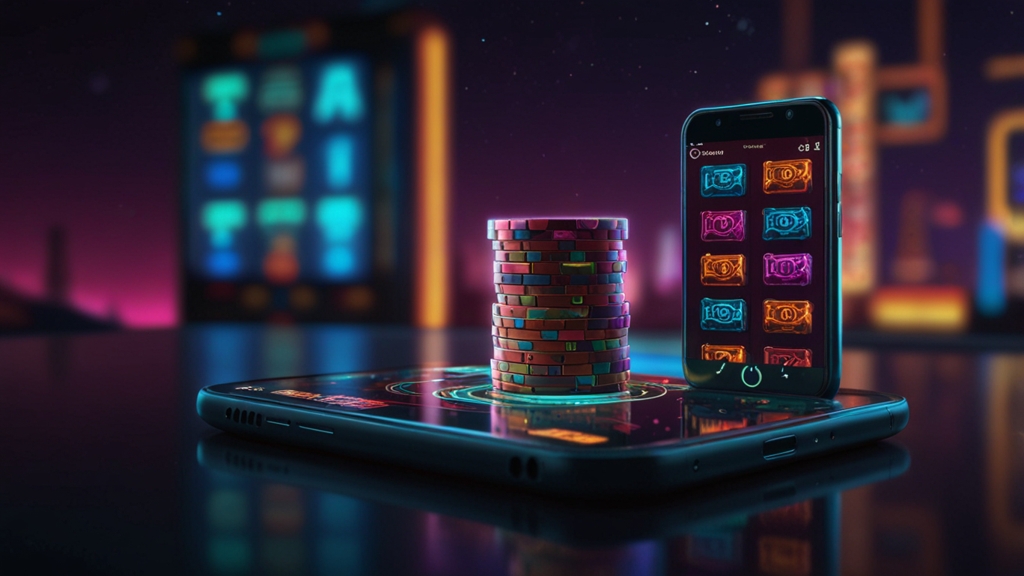 Android phone showing APK and app icons in a casino-themed scene