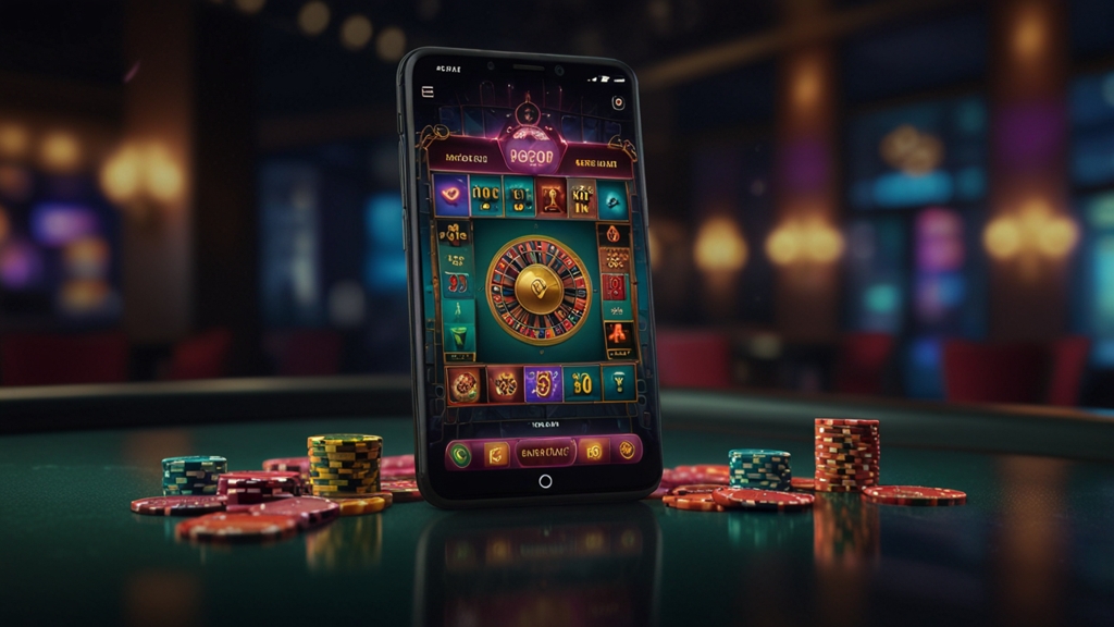 Android phone showing the first launch of a casino app in a dark neon setting