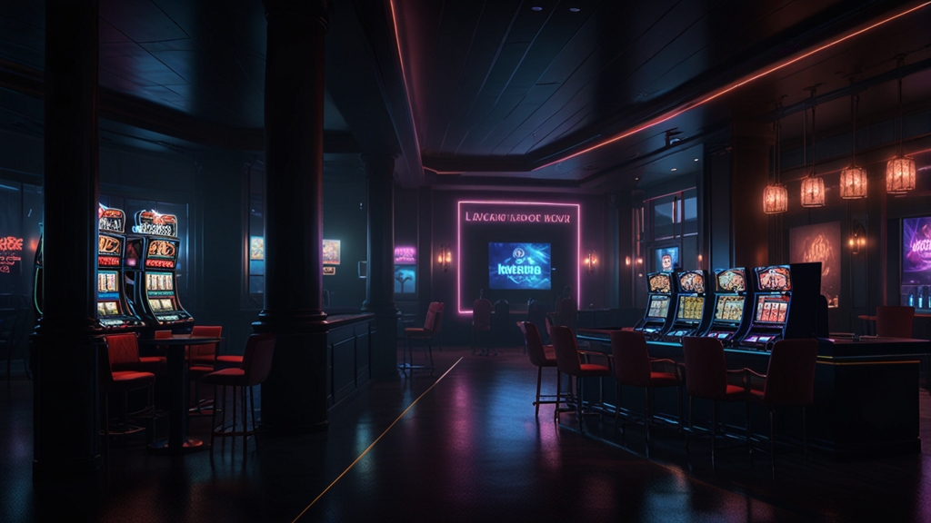 Casino lobby with a glowing no-deposit bonus code screen and sign-up desk